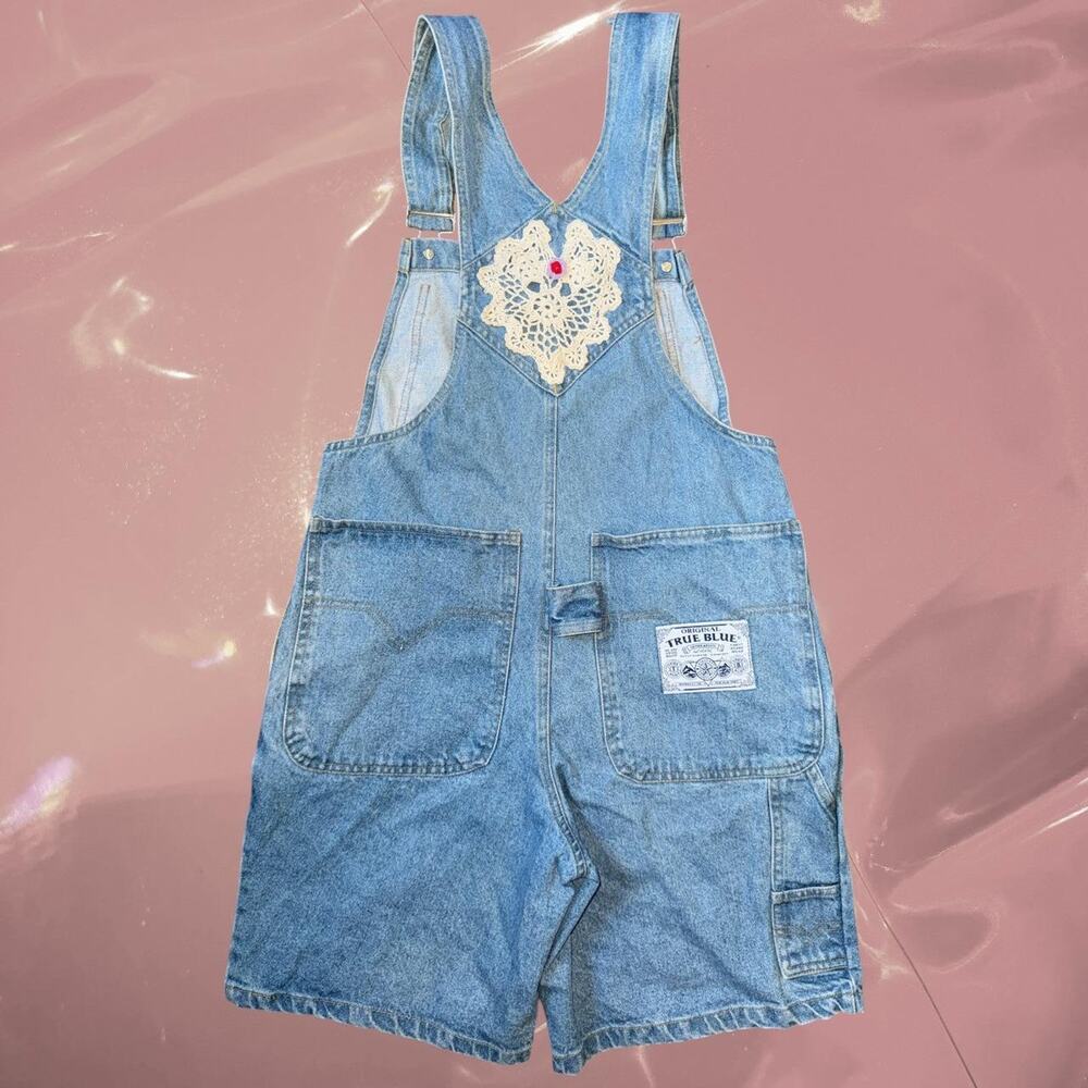 Vintage Y2K denim overall shorts with lace trim crochet romantic cottage core - Picture 2 of 6